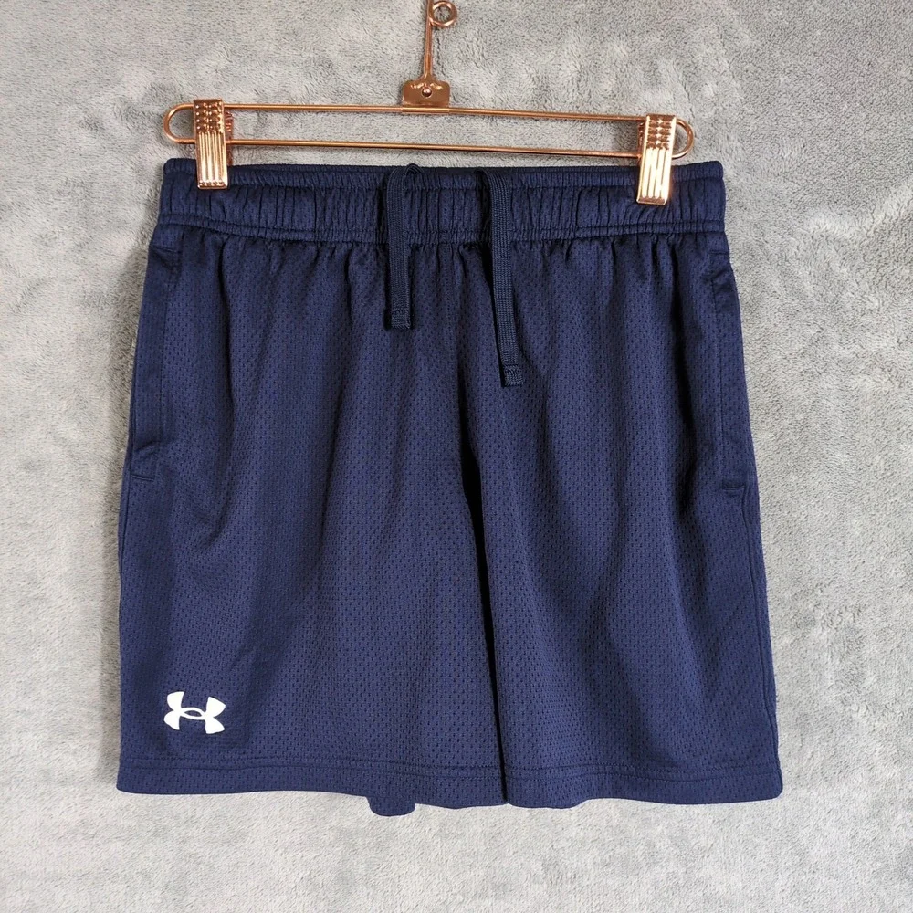 Under Armour Boys Navy Blue‎ Mesh Athletic Shorts Loose Fit YL Large